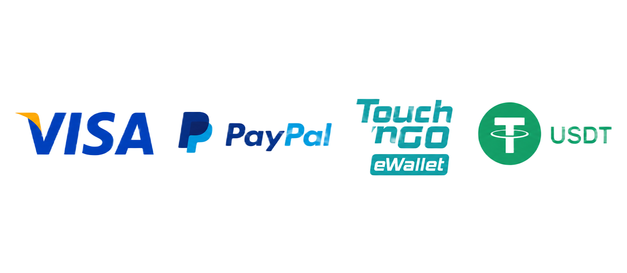 支付方式：Visa、PayPal、Touch 'n Go、USDT